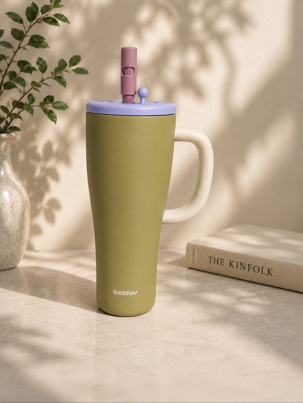 Bablov 1L Stainless Steel Insulated Tumbler Handle Straw Olive Green NIB